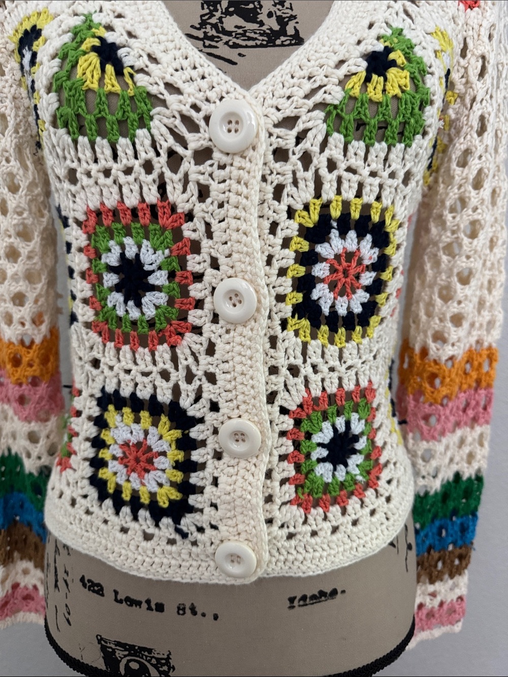 Crochet Patchwork Knit Cardigan Sweater Lightweight Boho Size Medium - Picture 3 of 9